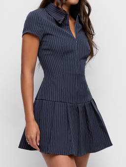 Cider - Striped Pleated Women's Zip-Up A-Line Mini Dress Navy Blue