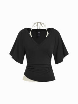 Cider - Women's Ruched V-Neck Bell Sleeve Top Black