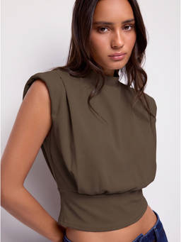 Cider - Cotton-Blend Women's High Neck Padded Shoulder Corset Top Brown