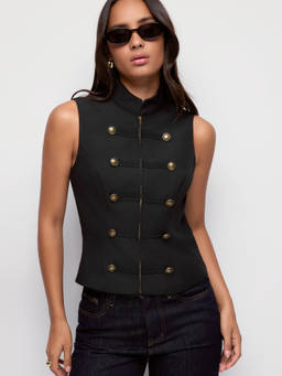Cider - Stand Collar Women's Metal Button Zip-Front Vest Top Black