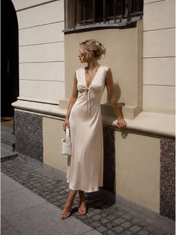 Cider - Women's Satin V-Neck Twist Knot A-Line Maxi Dress Beige