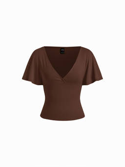 Cider - Cotton-Blend Women’s Surplice V-Neck Bell Sleeve Top Brown