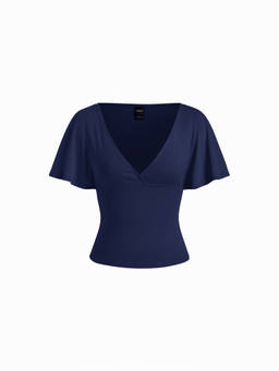 Cider - Cotton-Blend Women Surplice V-Neck Bell Sleeve Top Navy Blue