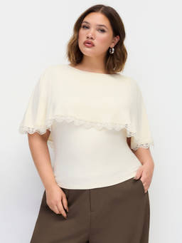 Cider - Cloak Sleeve Women's Lace Trim Tie-Back Boat Neck Top Beige