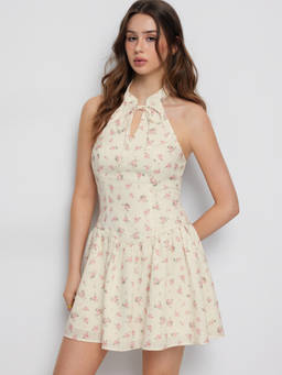 Cider - Ditsy Floral Women's Cut-Out Tie-Up Neck Flared Mini Dress Peach