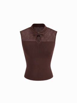 Cider - Knit Women's Textured Cut-Out Bow Stand Collar Vest Brown