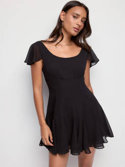 Cider - Chiffon Women's Ruffle Sleeve Pleated A-Line Mini Dress Black