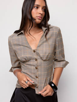 Cider - Plaid Women's Ruched Button-Through Blouse Khaki