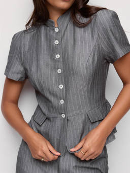 Cider - Striped Women's Stand Collar Puff Sleeve Peplum Blouse Grey