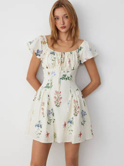 Cider - Floral Women's Square Neck Ruched Mini Dress Cream