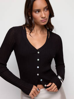Cider - Knit Women's V-Neck Button Through Full Sleeves Top Black