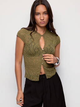 Cider - Textured Women's Cut-Out Button-Through Top Olive