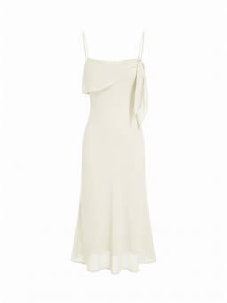 Cider - Chiffon Women Asymmetrical Neck Twist Knot A-Line Midi Dress Beige
