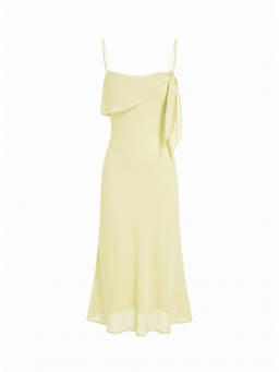 Cider - Chiffon Women's Asymmetrical Neck Twist Knot A-Line Midi Dress Yellow
