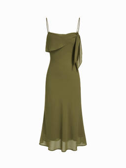 Cider - Women's Chiffon Asymmetrical Neck Twist Knot Midi Dress Olive