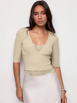 Cider - Cotton Blend Women Ruched V-Neck Lace Trim Tee Beige