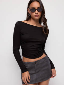 Cider - Wool-blend Women Ruched Backless Boat Neck Tee Black