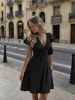 Cider - Satin Women's V-Neck Ruffle Sleeve Lace Trim Midi Dress Black