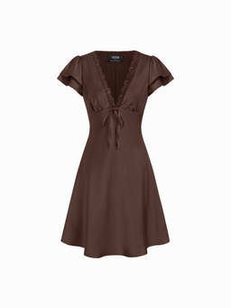 Cider - Satin Women's V-Neck Ruffle Sleeve A-Line Midi Dress Brown