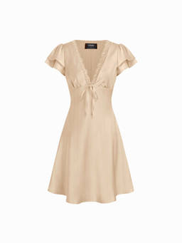 Cider - Satin Women's V-Neck Ruffle Sleeve A-Line Midi Dress Beige