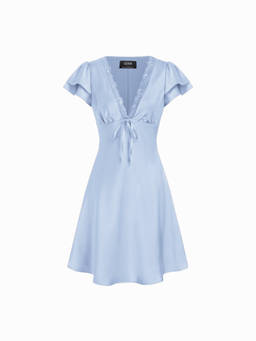 Cider - Satin Women's V-Neck Ruffle Sleeve A-Line Midi Dress Blue