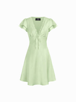 Cider - Satin Women's V-Neck Ruffle Sleeve A-Line Midi Dress Green