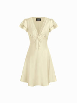 Cider - Satin Women's V-Neck Ruffle Sleeve A-Line Midi Dress Yellow