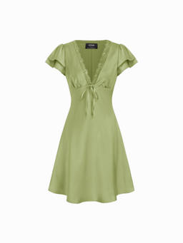 Cider - Satin Women's V-Neck Ruffle Sleeve A-Line Midi Dress Olive