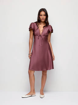 Cider - Satin Women's V-Neck Ruffle Sleeve A-Line Midi Dress Purple