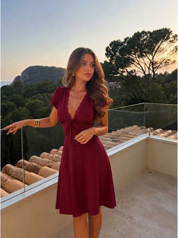 Cider - Satin Women's V-Neck Ruffle Sleeve Lace Trim Midi Dress Wine