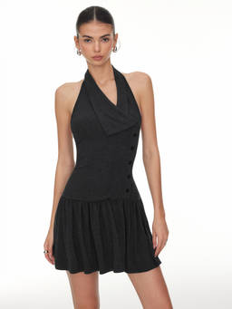 Cider - Halter Asymmetrical V-Neck Slim Flared Mini Dress Black