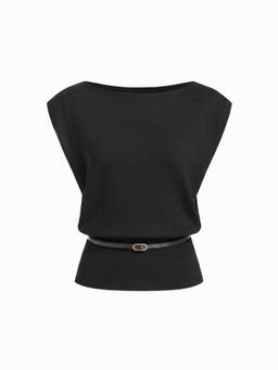 Cider - Knit Women's Sleeveless Boat Neck Belted Vest Top Black