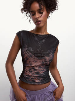 Cider - Ulterior Motives Women's Printed Ruched Cap Sleeve Top Black