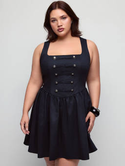 Cider - Cotton-Blend Women's Square Neck Metal Detail Flared Mini Dress Navy Blue