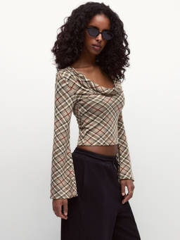 Cider - Talk To You Later Women's Plaid Cowl Neck Crop Top Khaki