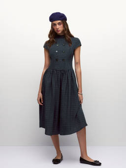 Cider - Bring A Book Women's Checked Cap Sleeve Midi Dress Navy Blue