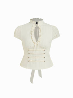 Cider - Woven Stand Collar Ruffle Tie-Up Blouse Cream