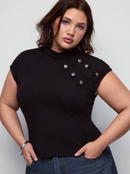Cider - Cotton Blend Women Metal Detail Stand Collar Top Black
