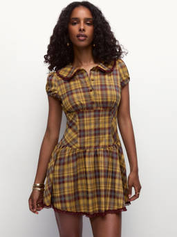 Cider - Peter Pan Women's Plaid Puff Sleeve A-Line Mini Dress Yellow