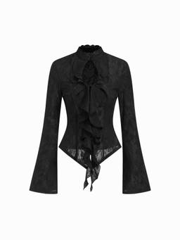 Cider - Lace Ruffle Women's Cutout Regular Top Black