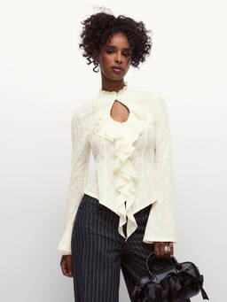 Cider - Lace Ruffle Women's Cutout Full Sleeve Blouse Off White