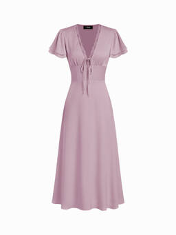 Cider - Satin V-Neck Lace Trim Tie-Up A-Line Maxi Dress Mauve
