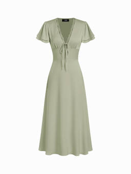 Cider - Satin Women's Lace Trim Tie-Front A-Line Maxi Dress Green