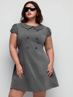 Cider - Woven Women's Puff Sleeve Collar Neck Knee Length Dress Grey