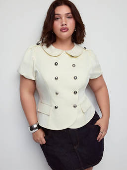 Cider - Cotton Blend Women's Contrast Stitch Puff Sleeve Blouse Cream