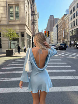 Cider - Satin Women's Backless Boat Neck Bell Sleeve Mini Dress Blue