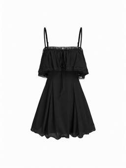 Cider - Chiffon Lace Trim Women's Tie-Front Ruffle Hem Mini Dress Black