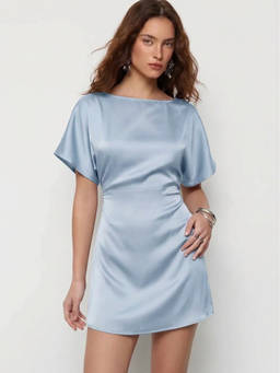 Cider - Satin Women's Boat Neck Batwing Sleeve Mini Dress Blue