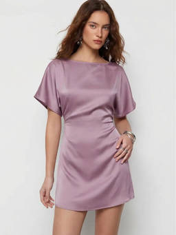 Cider - Satin Women's Boat Neck Batwing Sleeve Mini Dress Purple
