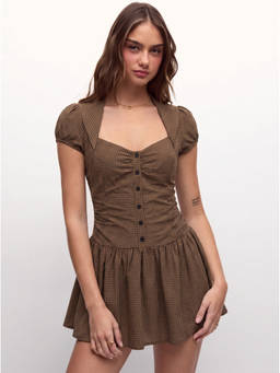 Cider - Plaid Women's Puff Sleeve Square Neck Mini Dress Brown